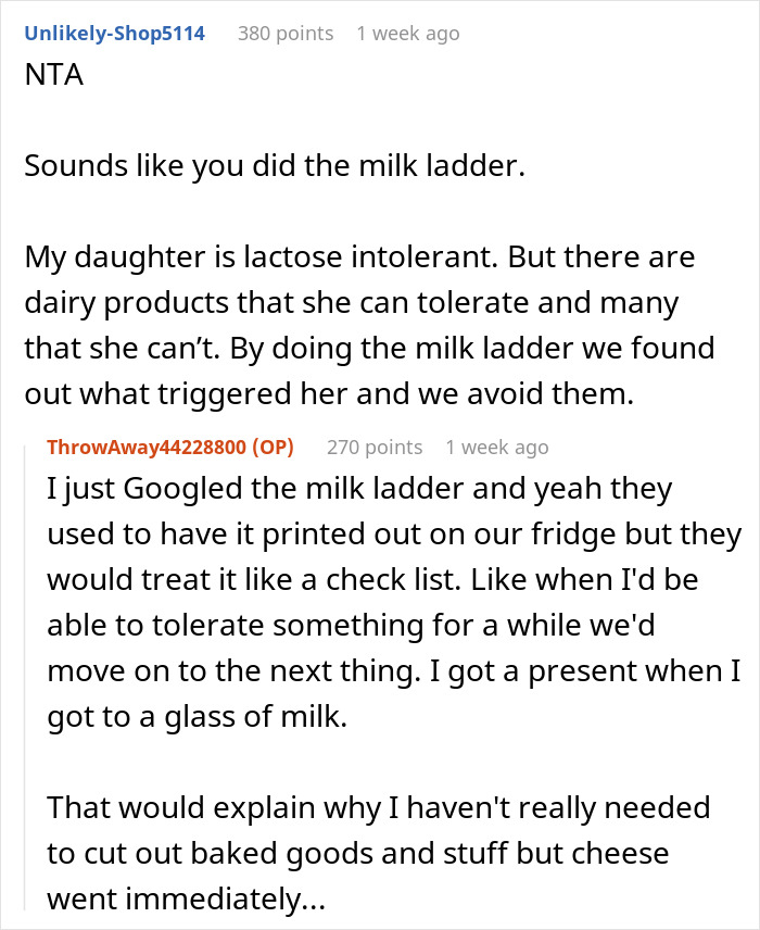 Reddit conversation about managing allergies and using the milk ladder for lactose intolerance. Reddit conversation about managing allergies and using the milk ladder for lactose intolerance.