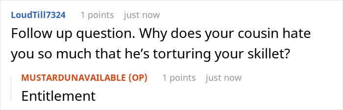 Text exchange discussing a cousin stealing a skillet, with the word "Entitlement" highlighted. Text exchange discussing a cousin stealing a skillet, with the word "Entitlement" highlighted.