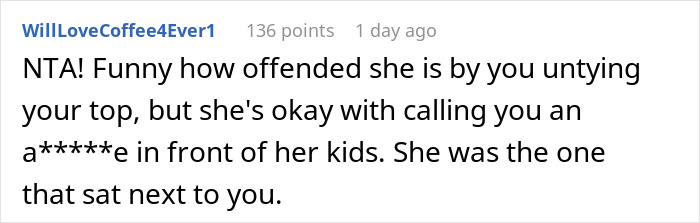 Reddit comment discussing reactions to untying bikini top at a public pool. Reddit comment discussing reactions to untying bikini top at a public pool.