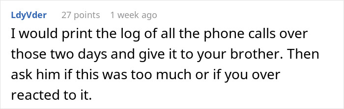 Text comment discussing brother's reaction to printed phone log and questioning overreaction. Text comment discussing brother's reaction to printed phone log and questioning overreaction.