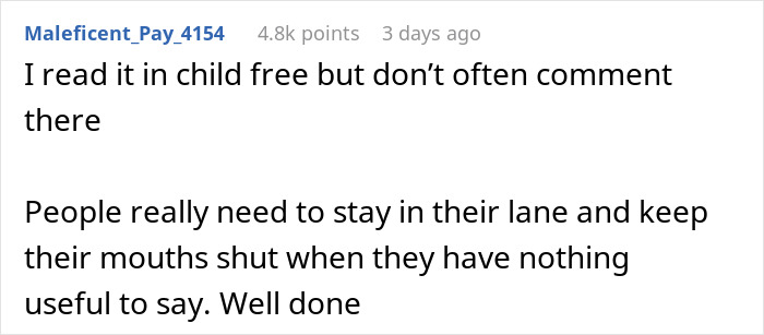 Reddit comment about staying in one's lane, related to being child-free and keeping quiet when having nothing useful to say. Reddit comment about staying in one's lane, related to being child-free and keeping quiet when having nothing useful to say.
