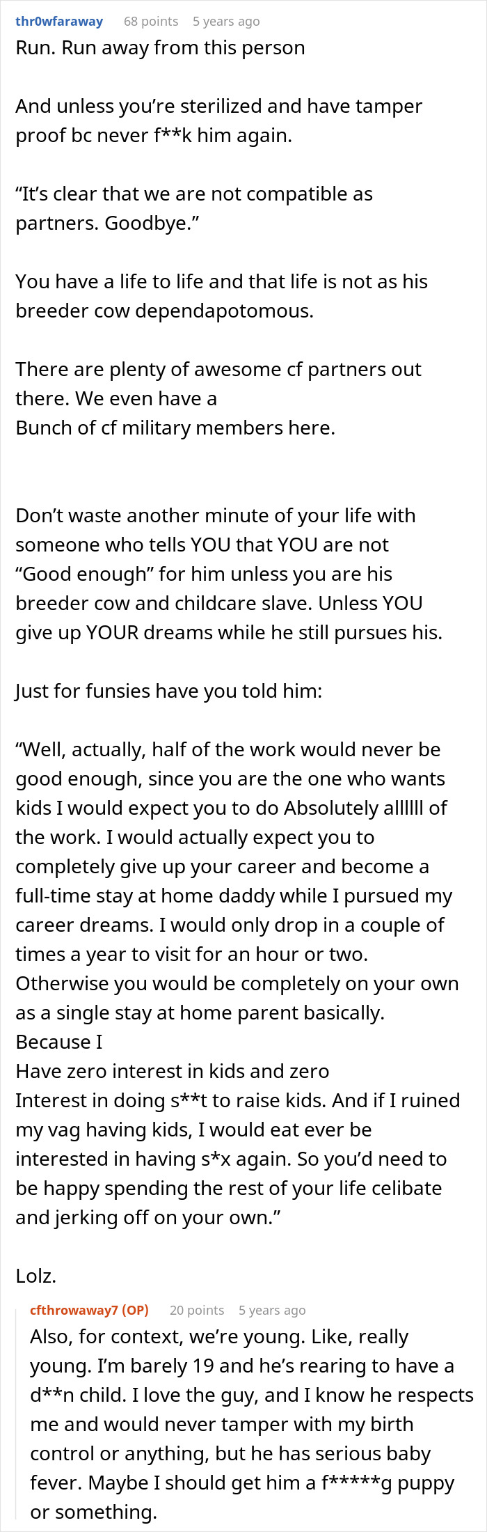 Reddit post discussing fear of motherhood and relationship stress over having kids. Reddit post discussing fear of motherhood and relationship stress over having kids.