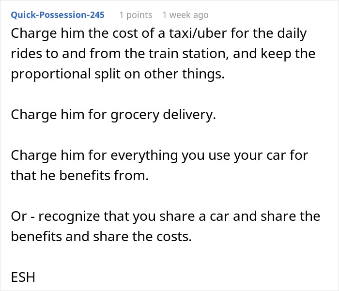 Advice on car bill sharing between husband and wife, discussing taxi costs and grocery delivery. Advice on car bill sharing between husband and wife, discussing taxi costs and grocery delivery.