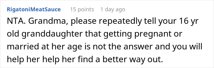 Comment advising against pregnancy for teens, suggesting better alternatives. Comment advising against pregnancy for teens, suggesting better alternatives.