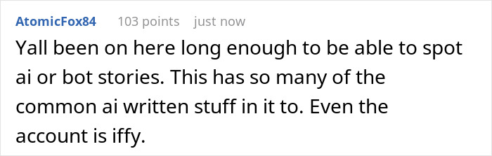 Text comment on AI stories by AtomicFox84, highlighting skepticism about AI-generated content. Text comment on AI stories by AtomicFox84, highlighting skepticism about AI-generated content.