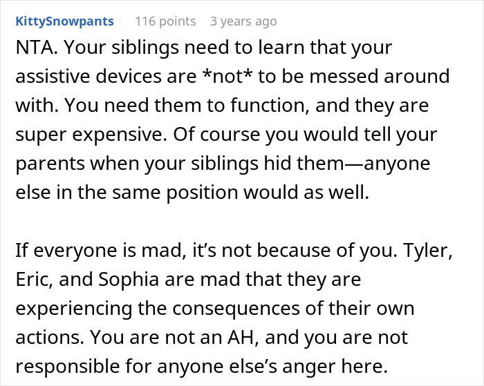 Reddit comment discussing the importance of not hiding assistive devices like hearing aids and glasses. Reddit comment discussing the importance of not hiding assistive devices like hearing aids and glasses.