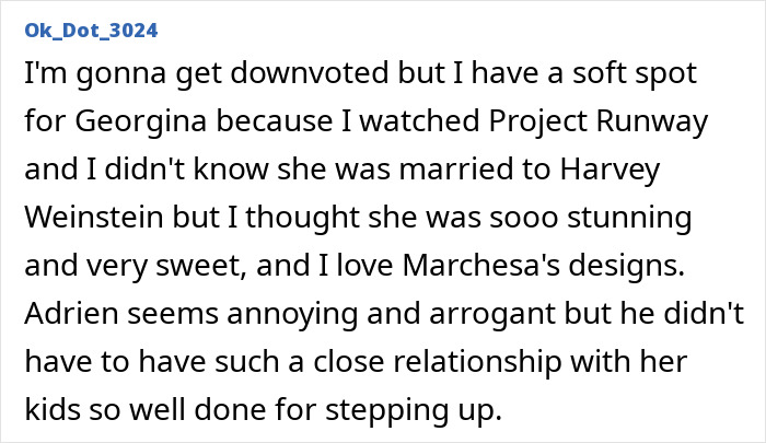 Text about Georgina Chapman, Harvey Weinstein, and Adrien Brody's closeness with Weinstein's children. Text about Georgina Chapman, Harvey Weinstein, and Adrien Brody's closeness with Weinstein's children.