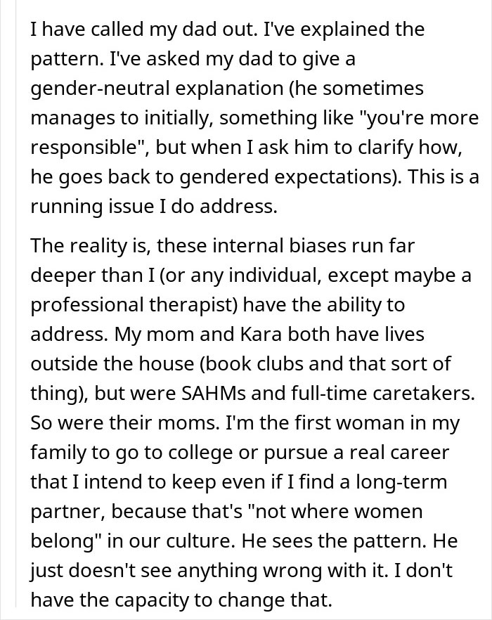 Text discussing a woman's challenge with gender expectations related to caring for stepsiblings. Text discussing a woman's challenge with gender expectations related to caring for stepsiblings.