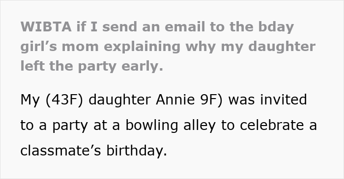 Text about a mom considering emailing the host after her daughter left a birthday party early. Text about a mom considering emailing the host after her daughter left a birthday party early.