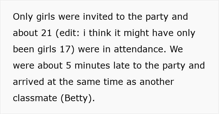 Text discussing attendance at a girl's birthday party, mentioning being late and another classmate's arrival. Text discussing attendance at a girl's birthday party, mentioning being late and another classmate's arrival.