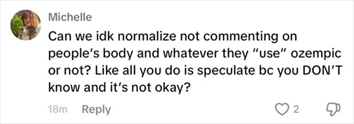 Comment on normalizing body acceptance and Ozempic speculation in a social media post. Comment on normalizing body acceptance and Ozempic speculation in a social media post.
