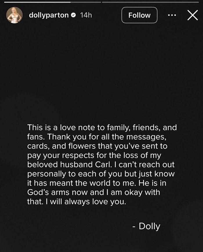 Dolly Parton's heartfelt message about her late husband Carl Dean, expressing gratitude for the support received. Dolly Parton's heartfelt message about her late husband Carl Dean, expressing gratitude for the support received.