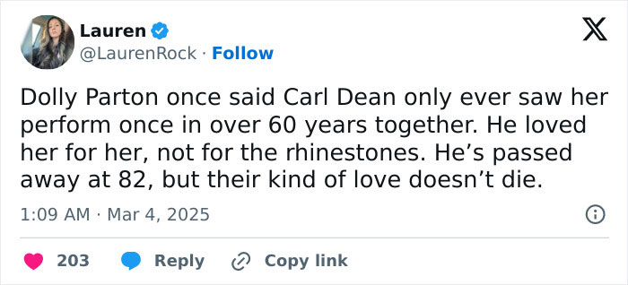 Fans remember Carl Dean's love for Dolly Parton, true to the end at 82. Fans remember Carl Dean's love for Dolly Parton, true to the end at 82.