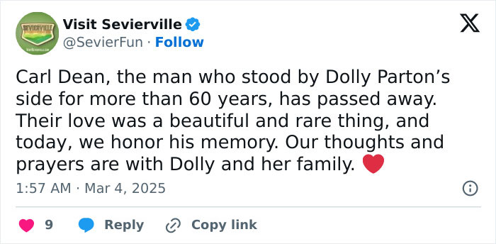 Tweet about Carl Dean's passing, honoring Dolly Parton's laundromat love story and their lifelong bond. Tweet about Carl Dean's passing, honoring Dolly Parton's laundromat love story and their lifelong bond.