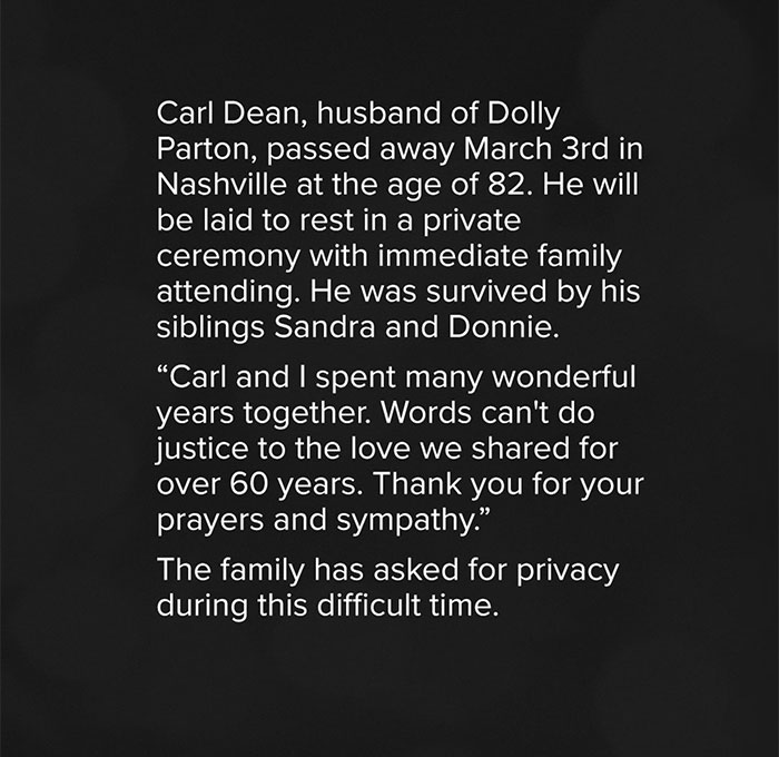 Text tribute to Carl Dean, husband of Dolly Parton, who passed at 82, highlighting their enduring love and request for privacy. Text tribute to Carl Dean, husband of Dolly Parton, who passed at 82, highlighting their enduring love and request for privacy.