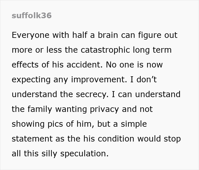 User comment discussing Michael Schumacher's condition, highlighting lack of updates and family's privacy. User comment discussing Michael Schumacher's condition, highlighting lack of updates and family's privacy.
