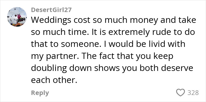 Comment expressing anger over proposal at another's wedding, emphasizing costs and rudeness. Comment expressing anger over proposal at another's wedding, emphasizing costs and rudeness.