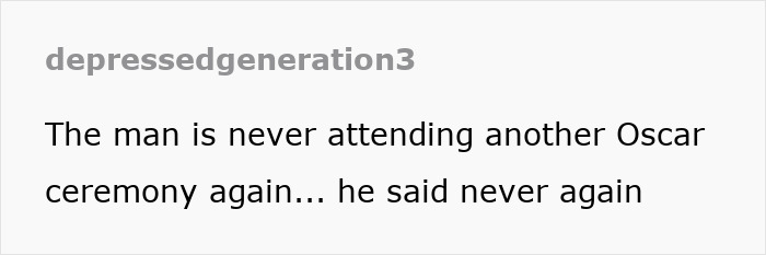 Text image with a humorous caption about never attending the Oscars again. Text image with a humorous caption about never attending the Oscars again.