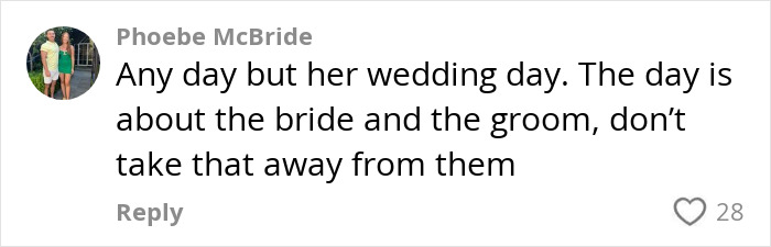 Text comment criticizing a proposal at someone's wedding, emphasizing focus on the bride and groom. Text comment criticizing a proposal at someone's wedding, emphasizing focus on the bride and groom.