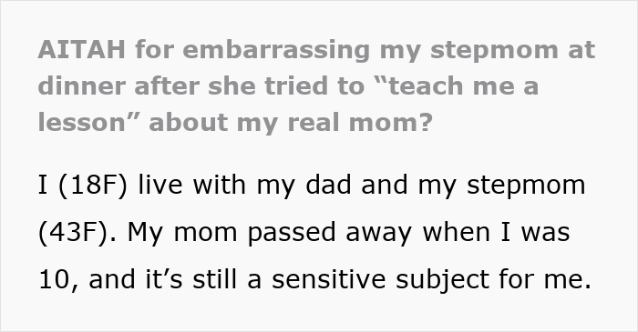 Text discussing a step-mom trying to teach a teen about her real mom and having a reality check. Text discussing a step-mom trying to teach a teen about her real mom and having a reality check.