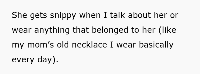 Text message about a step-mom's challenge in teaching a teen a lesson, revealing emotional complexity with a mom's old necklace. Text message about a step-mom's challenge in teaching a teen a lesson, revealing emotional complexity with a mom's old necklace.