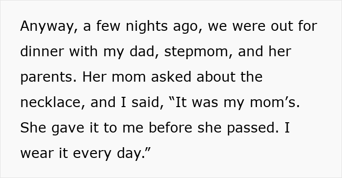 Text image discussing step-mom questioning teen about a sentimental necklace from her mom. Text image discussing step-mom questioning teen about a sentimental necklace from her mom.
