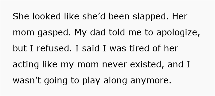 Text describing a teen confronting her step-mom about her real mom in a tense family discussion. Text describing a teen confronting her step-mom about her real mom in a tense family discussion.