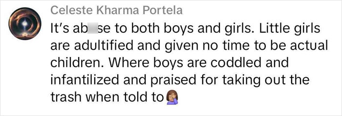 Comment discussing the neglect of boys and control over girls, highlighting double standards in society. Comment discussing the neglect of boys and control over girls, highlighting double standards in society.