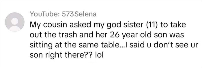 YouTube comment highlights double standards between boys and girls in household tasks. YouTube comment highlights double standards between boys and girls in household tasks.