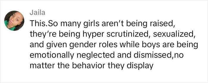 Comment highlighting how girls are controlled while boys are neglected, fueling red pill culture. Comment highlighting how girls are controlled while boys are neglected, fueling red pill culture.