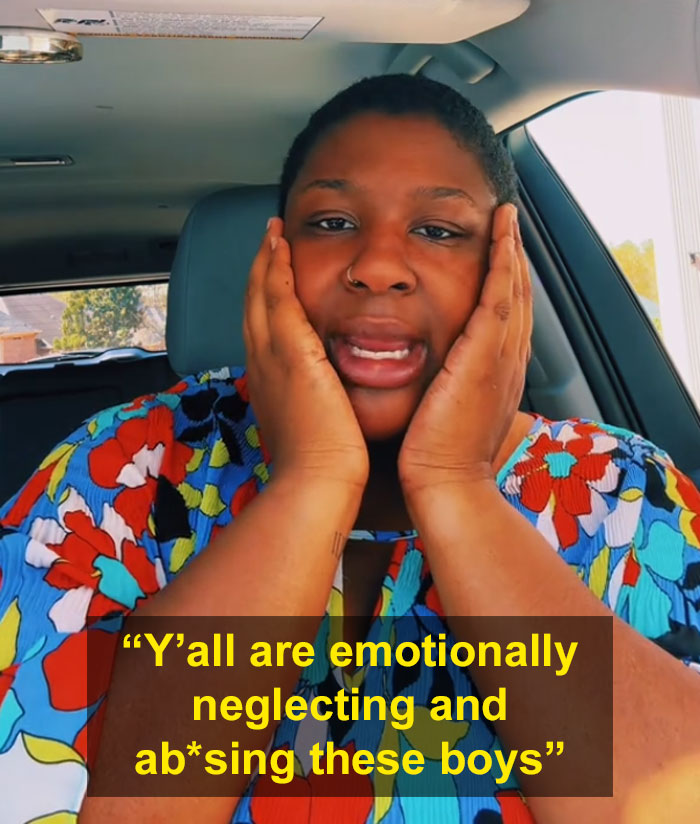 Woman discussing neglect of boys in video, wearing a colorful top in a car setting. Woman discussing neglect of boys in video, wearing a colorful top in a car setting.