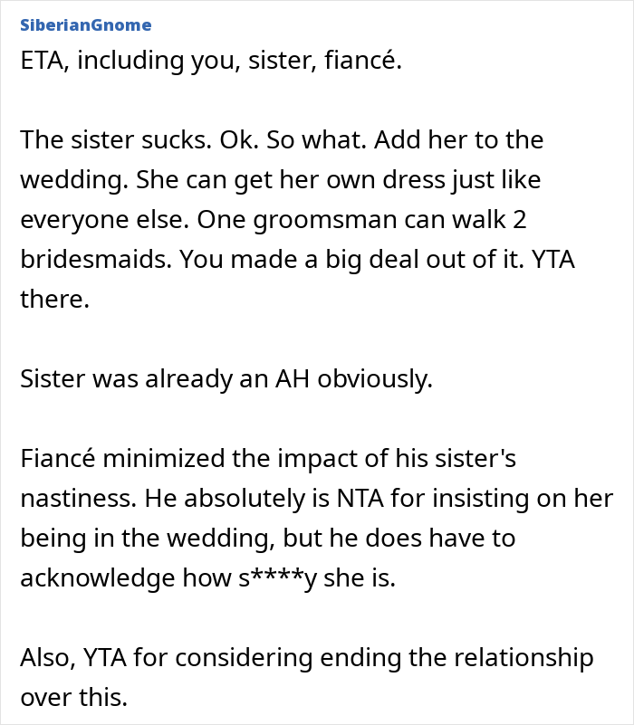 Text discussing a woman questioning her wedding due to her fiancé taking his bullying sister's side. Text discussing a woman questioning her wedding due to her fiancé taking his bullying sister's side.