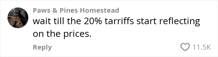 Comment on US grocery prices mentioning 20% tariffs impact, with 11.5K likes. Comment on US grocery prices mentioning 20% tariffs impact, with 11.5K likes.