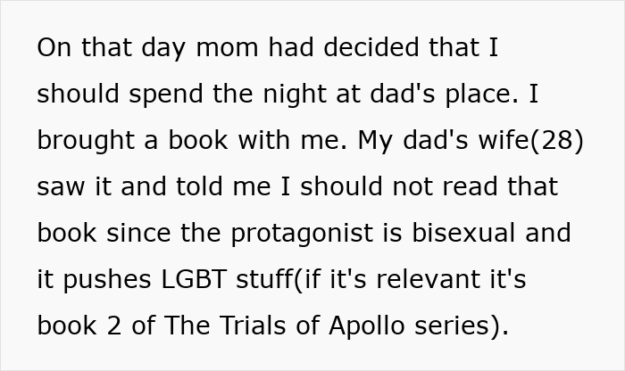 Stepmom Tries To Censor What 16YO Reads, He Decides Not To Visit His Dad Anymore Stepmom Tries To Censor What 16YO Reads, He Decides Not To Visit His Dad Anymore