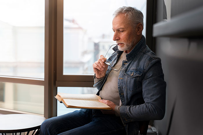 A man with gray hair wearing a denim jacket reads a book by the window. A man with gray hair wearing a denim jacket reads a book by the window.