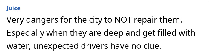 Text expressing concerns about unrepaired potholes, mentioning danger to drivers, related to a local hero's prank. Text expressing concerns about unrepaired potholes, mentioning danger to drivers, related to a local hero's prank.