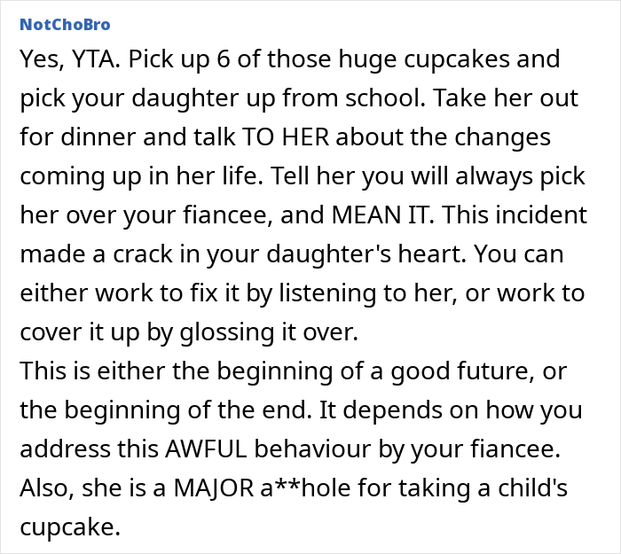 A comment criticizing behavior over eating a child's cupcake, addressing parenting priorities and emotional impact. A comment criticizing behavior over eating a child's cupcake, addressing parenting priorities and emotional impact.