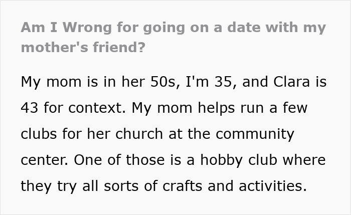 Text about a man dating his mother's friend, involving age context and community club activities. Text about a man dating his mother's friend, involving age context and community club activities.