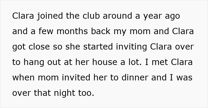 Text about Clara joining a club, her closeness with the narrator's mom, and frequent visits for dinner. Text about Clara joining a club, her closeness with the narrator's mom, and frequent visits for dinner.