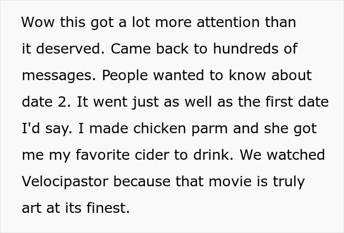 Text about positive second date with chicken parm and cider. Text about positive second date with chicken parm and cider.