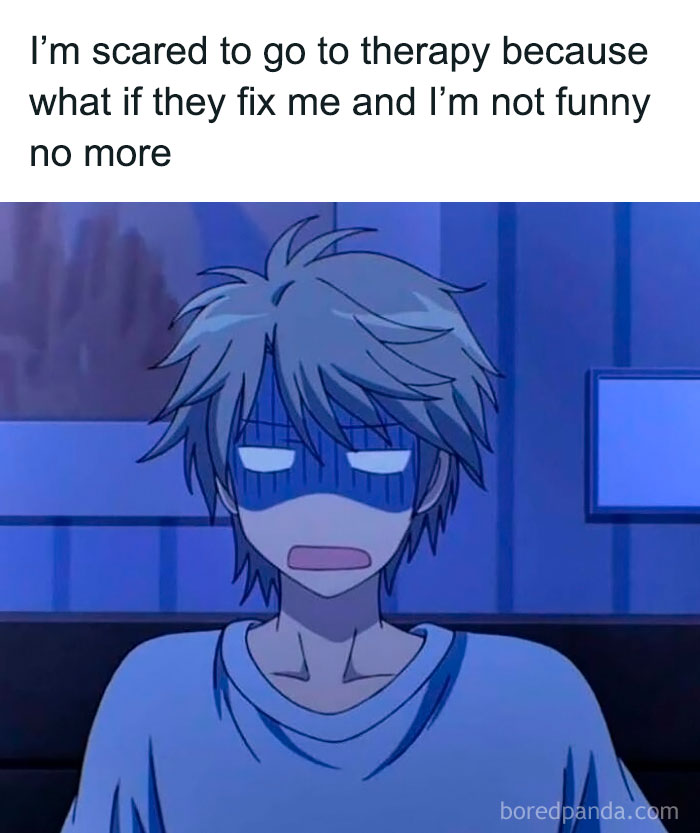 Anime character with blue shadows, shocked expression in a sadcastic meme about therapy and humor.