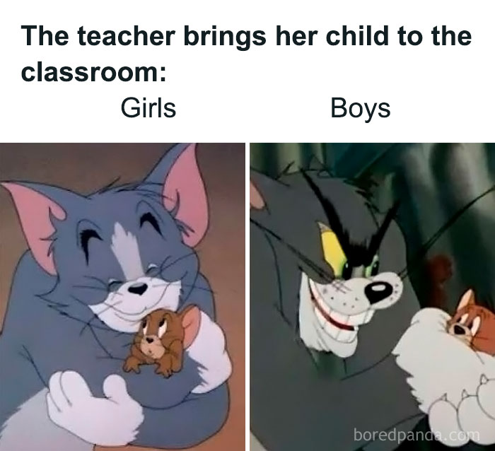 Tom and Jerry sadcastic meme showing classroom comparison between girls and boys, with Tom holding Jerry differently.