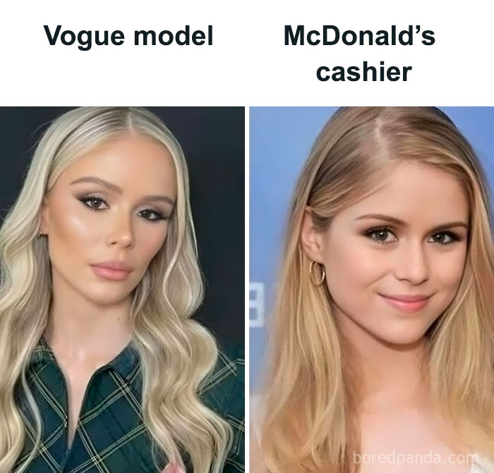 Two women: one labeled Vogue model, the other McDonald's cashier, showcasing the 'sadcastic' meme theme.