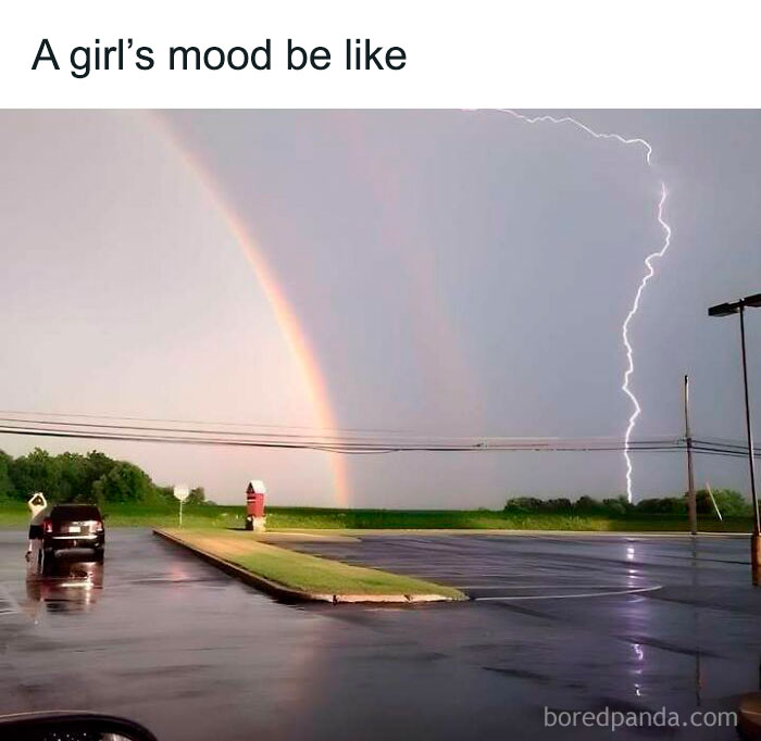 Roadside scene with rainbow and lightning, illustrating a 'sadcastic' meme about mood swings.