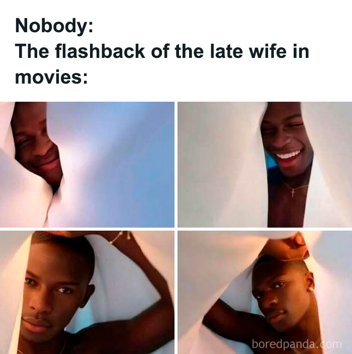 Man humorously peeking through curtains, resembling a movie flashback scene, in a sadcastic meme.