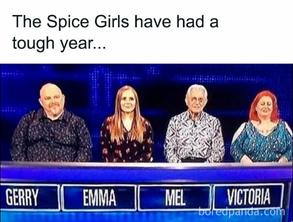 Quiz show parody with contestants' names resembling Spice Girls, showcasing Scots humor.