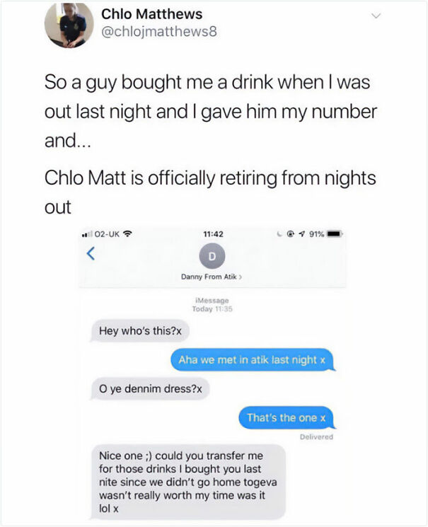 Scottish humor highlighted in a funny text exchange about drinks and a memorable night out.