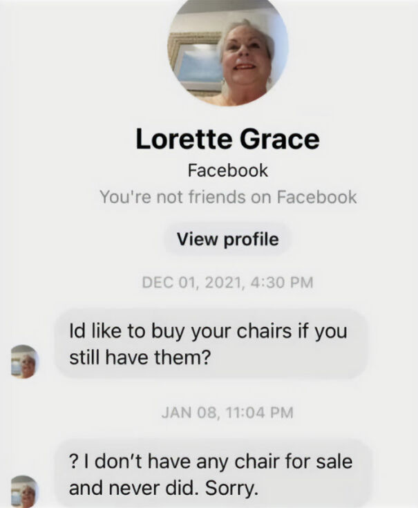 Funny exchange on Facebook about chair sale confusion, illustrating Scots' humor.