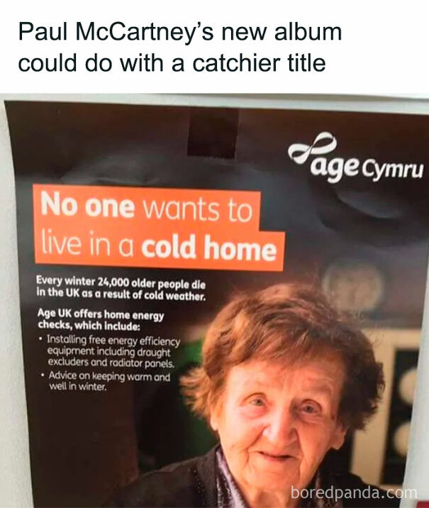 Elderly woman in Age Cymru poster humorously compared to Paul McCartney's album title, highlighting Scots' humor.