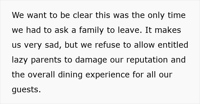 Text from a pizza place addressing issues with unruly kids and parents affecting their dining experience. Text from a pizza place addressing issues with unruly kids and parents affecting their dining experience.